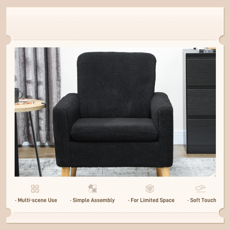 HOMCOM Fabric Accent Chair, Modern Upholstered Armchair with Wood Legs and Wide Padded Seat, Black