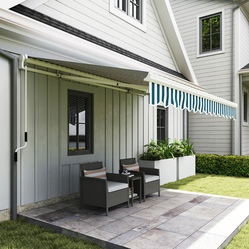 Outsunny 13' x 8' Retractable Awning Manual Patio Awning Sun Shade for Outdoor Window Door with Aluminum Frame Green and White