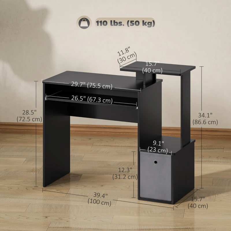 HOMCOM Computer Desk with Sliding Keyboard Tray Storage Drawer Shelf Home Office Workstation Black