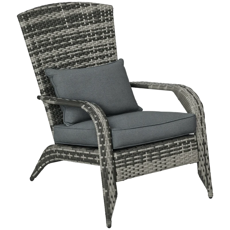 Outsunny Patio Wicker Adirondack Chair, Outdoor All-Weather Rattan Fire Pit Chair w/ Soft Cushions, Tall Curved Backrest and Comfortable Armrests for Deck or Garden, Mixed Gray/Gray