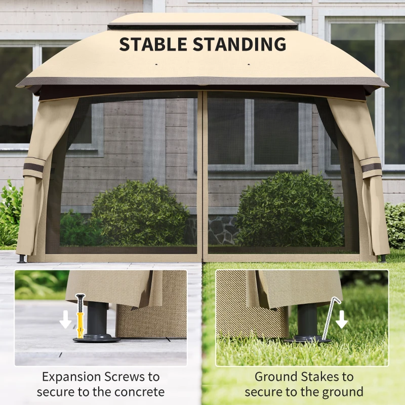 Outsunny 10' x 13' Patio Gazebo, Outdoor Gazebo Canopy Shelter with Netting, Vented Roof for Garden, Beige