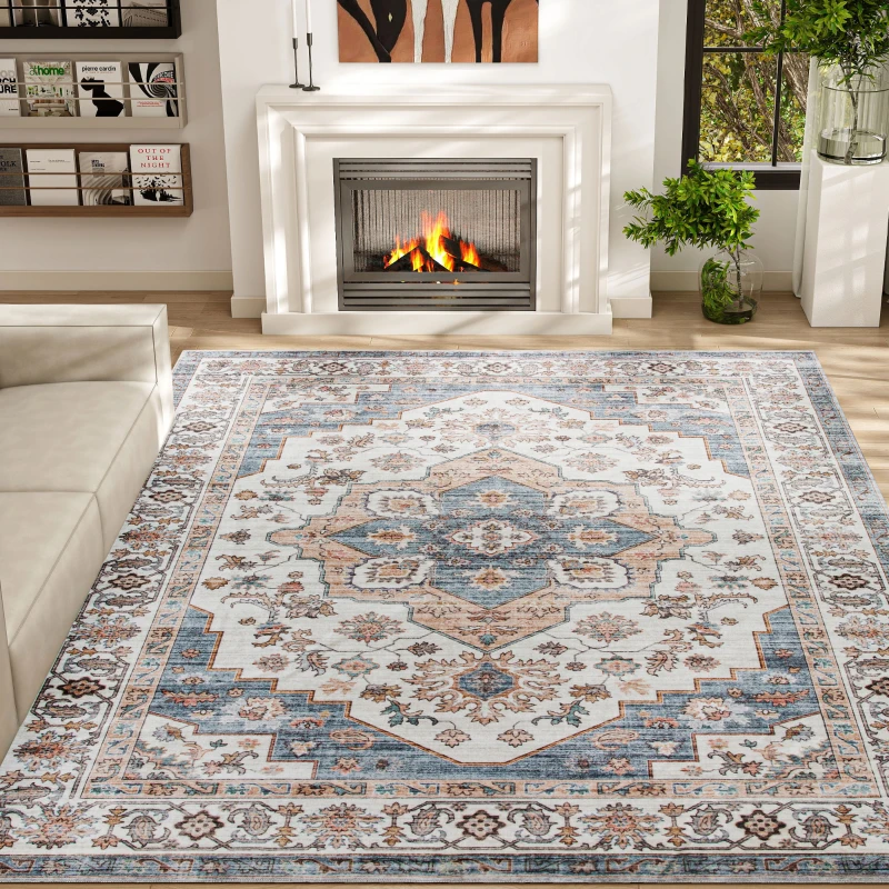 HOMCOM 8x10 Area Rug, Vintage Machine Washable Rug, Non-Slip Carpet for Living Room, Bedroom, Dining Room, Brown & Light Blue