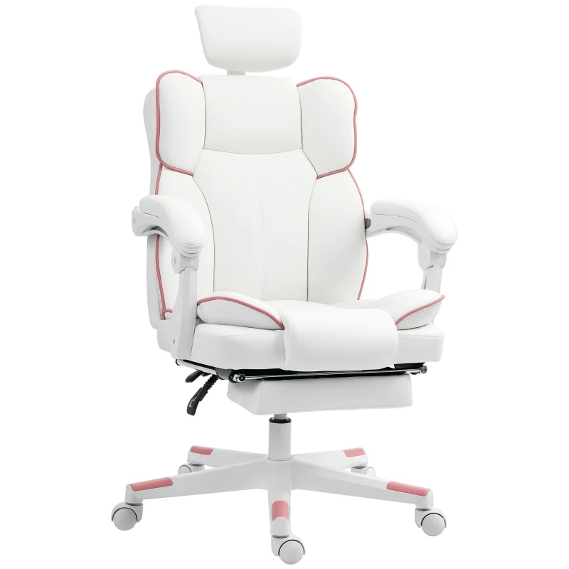 HOMCOM PU Leather Office Chair, Executive Desk Chair with Headrest, Foot Rest, Swivel Wheels, Reclining Computer Chair, White