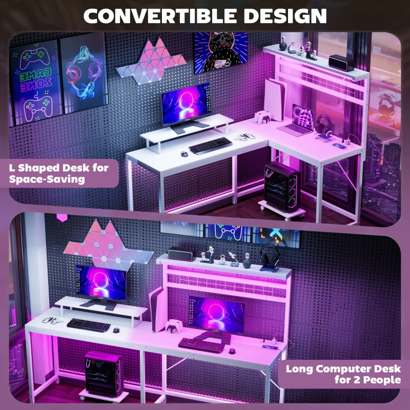 HOMCOM 61.6" L Shaped Gaming Desk with Power Outlets & LED Lights, Computer Desk with Monitor Stand and CPU Shelf, White