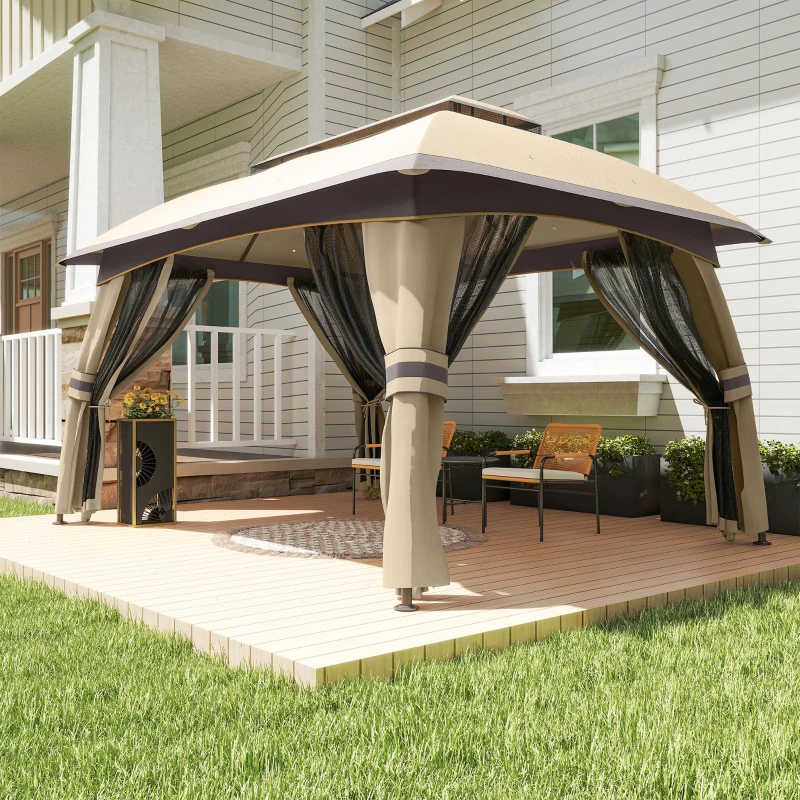 Outsunny 10' x 13' Patio Gazebo, Outdoor Gazebo Canopy Shelter with Netting, Vented Roof for Garden, Beige