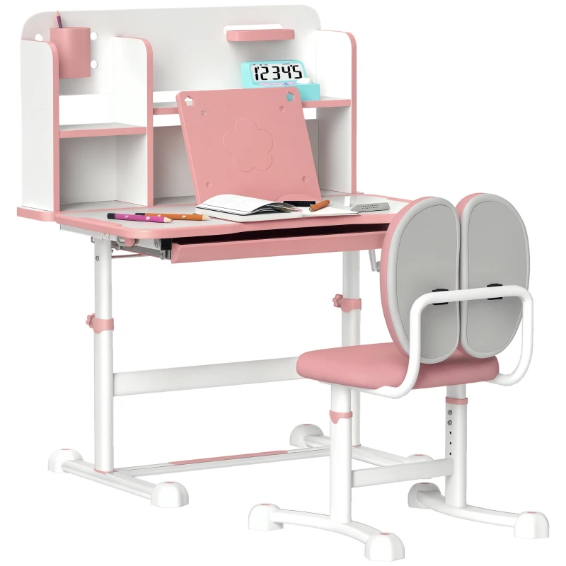 Qaba Height Adjustable Kids Desk and Chair Set for Writing Drawing w/ Tilt Desktop, Storage Drawer and Reading Rack, Pink