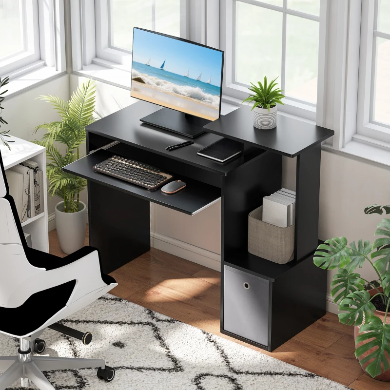 HOMCOM Computer Desk with Sliding Keyboard Tray Storage Drawer Shelf Home Office Workstation Black