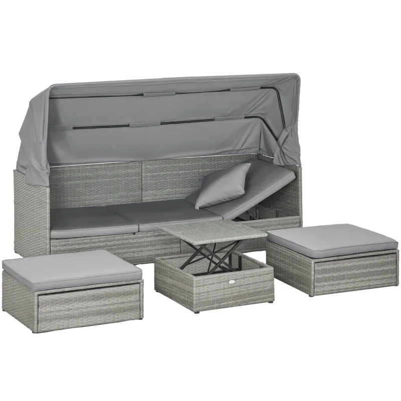 Outsunny 4 Piece Adjustable Canopy Outdoor Rattan Sofa Set w/ Height Adjustable Coffee Table & Cushions, Light Gray