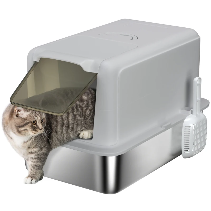 PawHut Stainless Steel Cat Litter Box w/ Removable Lid & Scoop, for Small to Large Cats, Easy to Clean, Grey