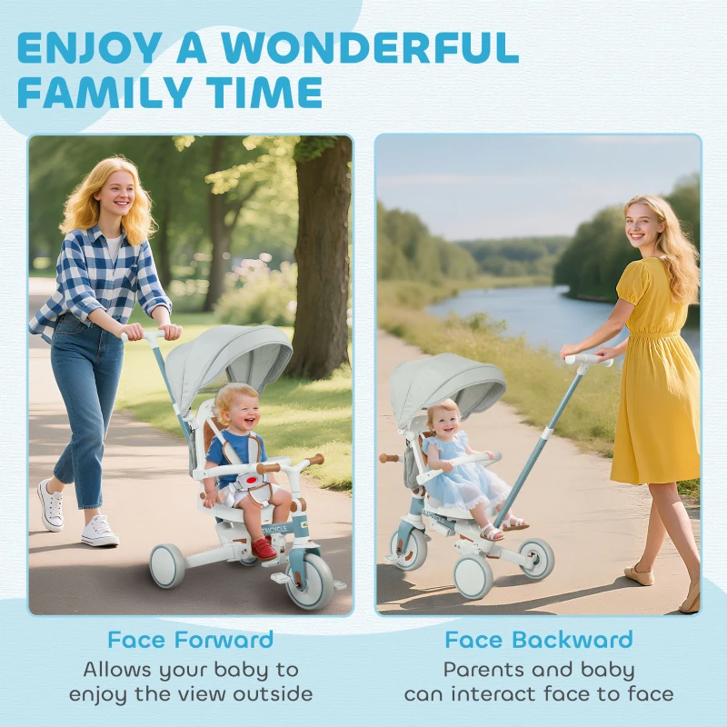 Qaba 7 in 1 Toddler Tricycle with Safety Harness, Adjustable & Removable Parent Handle, Canopy, Storage Bag, Brake, Blue