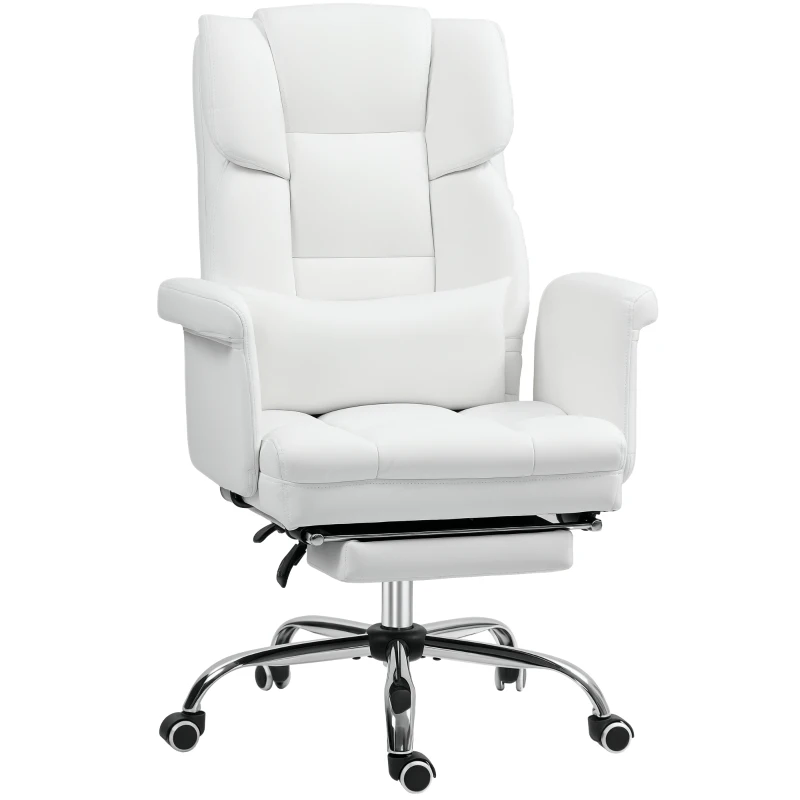 HOMCOM Executive Office Chair with Footrest and Lumbar Support, PU Leather Desk Chair, Ergonomic, Reclining and Swivel, White