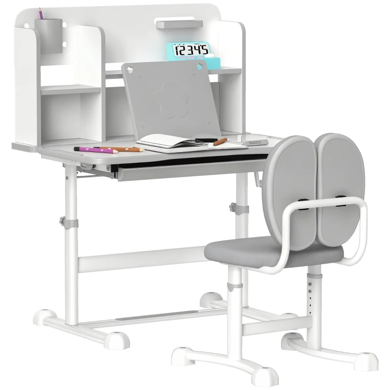 Qaba Height Adjustable Kids Desk and Chair Set for Writing Drawing w/ Tilt Desktop, Storage Drawer and Reading Rack, Gray