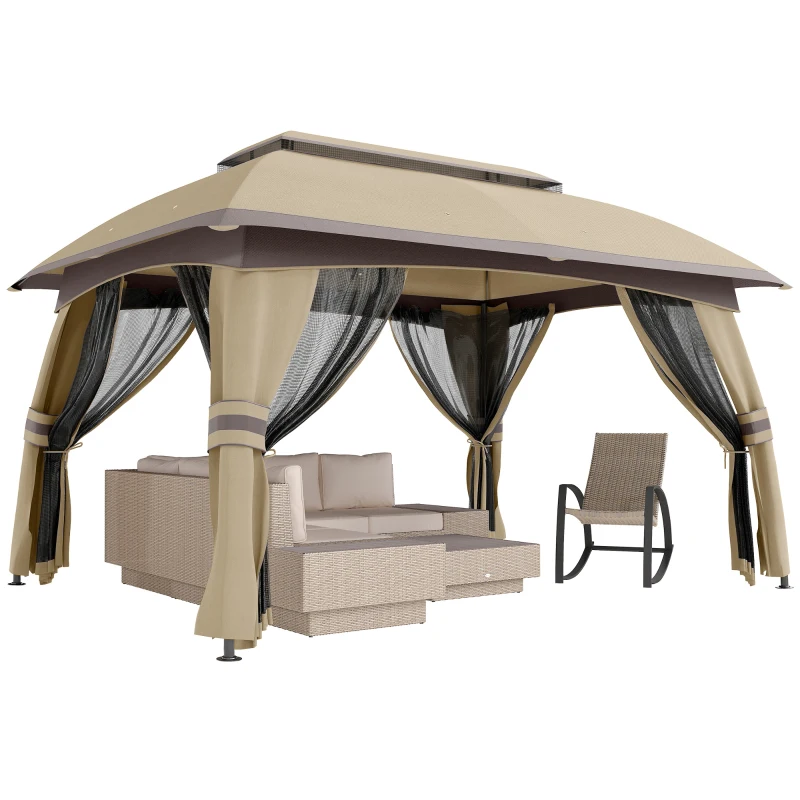 Outsunny 10' x 13' Patio Gazebo, Outdoor Gazebo Canopy Shelter with Netting, Vented Roof for Garden, Beige