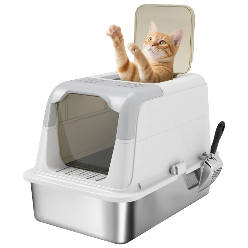 PawHut Extra Large Stainless Steel Litter Box, Enclosed Kitty Litter Box for Big Cats with Scoop, Deodorizer Bag