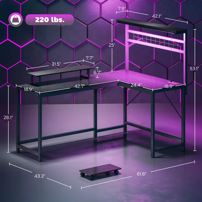 HOMCOM 61.6" L Shaped Gaming Desk with Power Outlets & LED Lights, Computer Desk with Monitor Stand and CPU Shelf, Black