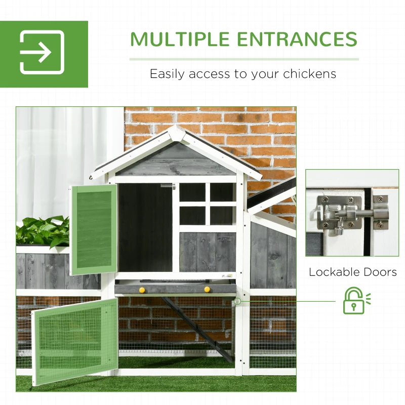 PawHut 63" Wooden Chicken Coop with Garden Bed, Small Outdoor Hen House with Nesting Box Removable Tray, Ramps Run, for Garden Backyard, Storm Gray