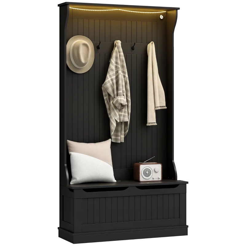 HOMCOM 3-In-1 Entryway Bench with LED Lights and Coat Rack, Hall Tree with Bench and Shoe Storage, 5 Hooks for Hallway Black