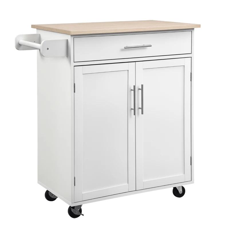 HOMCOM Kitchen Island Cart Rolling Trolley Cart with Drawer, Storage Cabinet & Towel Rack, White