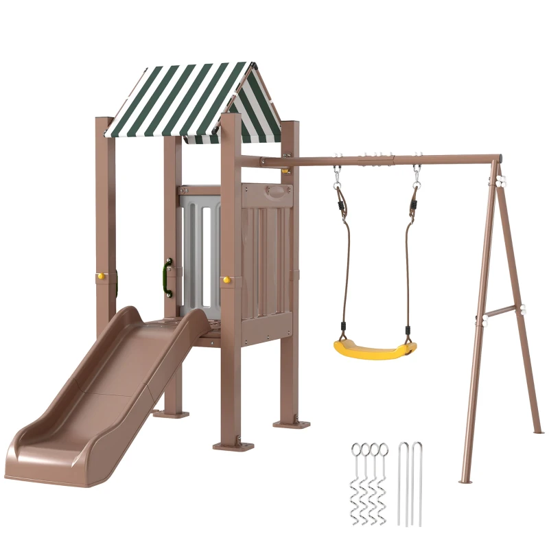 Qaba 4-in-1 Kids Swing Set for Playground with Slide, Covered Fort, Climbing Ladder, Ground Stakes, for Kids Ages 3-8, Brown