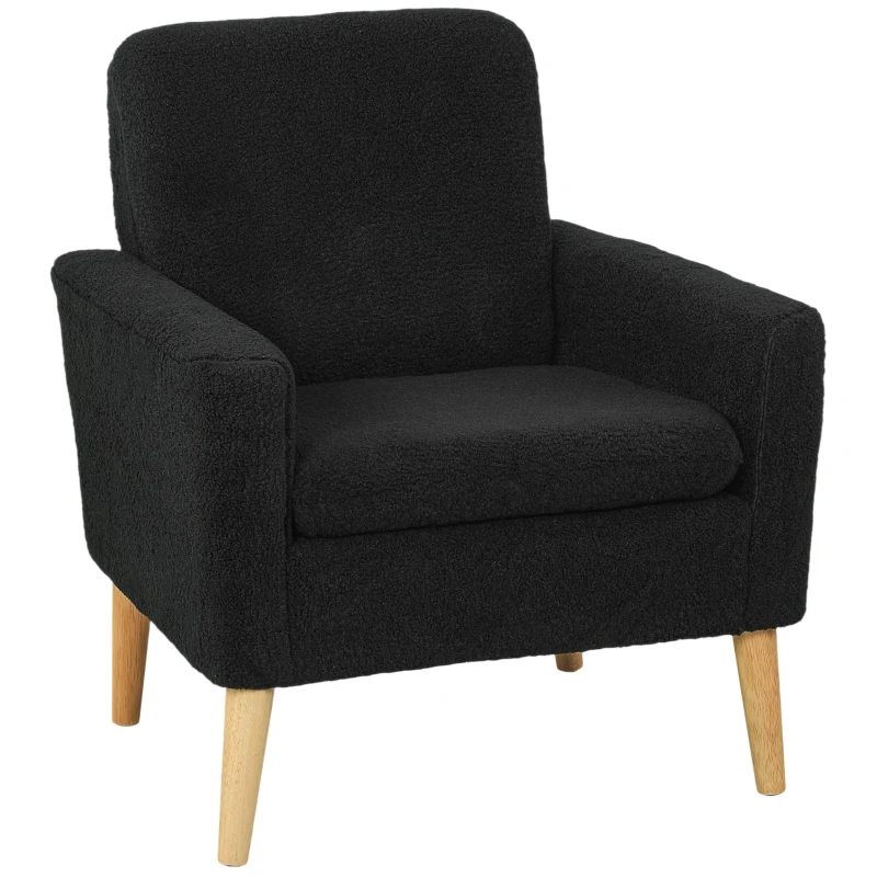 HOMCOM Fabric Accent Chair, Modern Upholstered Armchair with Wood Legs and Wide Padded Seat, Black