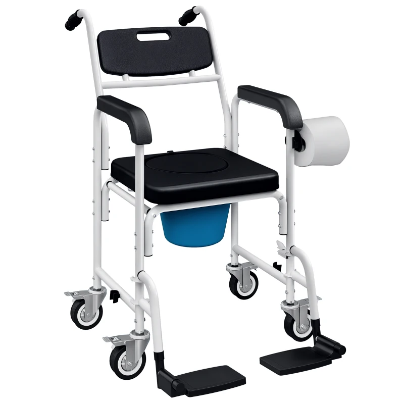 HOMCOM Rolling Shower Wheelchair for Seniors, Bedside Commode Chair with Locking Wheels, Seat, Backrest, Arms, Black