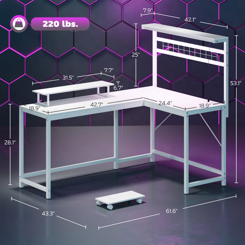 HOMCOM 61.6" L Shaped Gaming Desk with Power Outlets & LED Lights, Computer Desk with Monitor Stand and CPU Shelf, White
