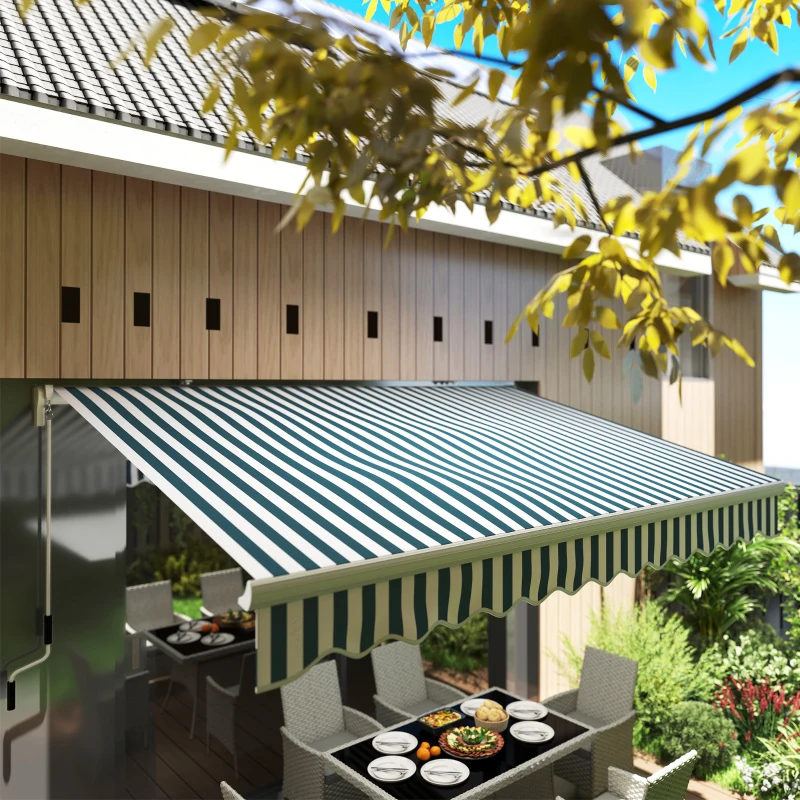 Outsunny 13' x 8' Retractable Awning Manual Patio Awning Sun Shade for Outdoor Window Door with Aluminum Frame Green and White