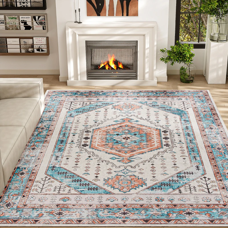 HOMCOM 8x10 Area Rug, Vintage Machine Washable Rug, Non-Slip Floor Carpet for Living Room, Bedroom, Dining Room, Brown and Blue