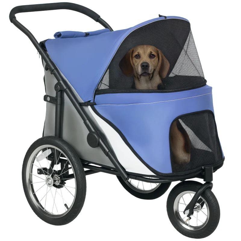 PawHut 3 Wheels Dog Stroller w/ One-Hand Fold, Rubber Wheels, Storage Bag, Soft Cushion, for Small & Medium Dogs, Blue