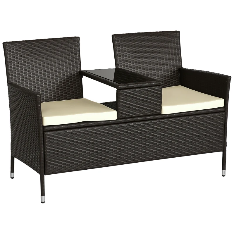 Outsunny Outdoor Patio Loveseat Conversation Furniture Set, Cushions & Built-in Coffee Table, Small 2-in-1 2 Person Seating for Front Porch, Balcony, Brown