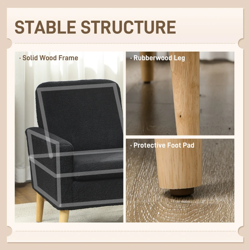 HOMCOM Fabric Accent Chair, Modern Upholstered Armchair with Wood Legs and Wide Padded Seat, Black