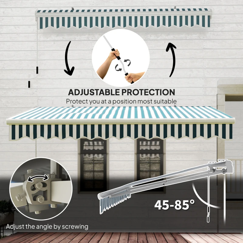 Outsunny 13' x 8' Retractable Awning Manual Patio Awning Sun Shade for Outdoor Window Door with Aluminum Frame Green and White