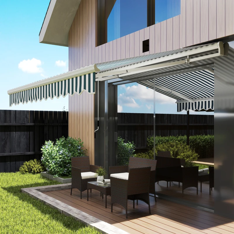 Outsunny 13' x 8' Retractable Awning Manual Patio Awning Sun Shade for Outdoor Window Door with Aluminum Frame Green and White