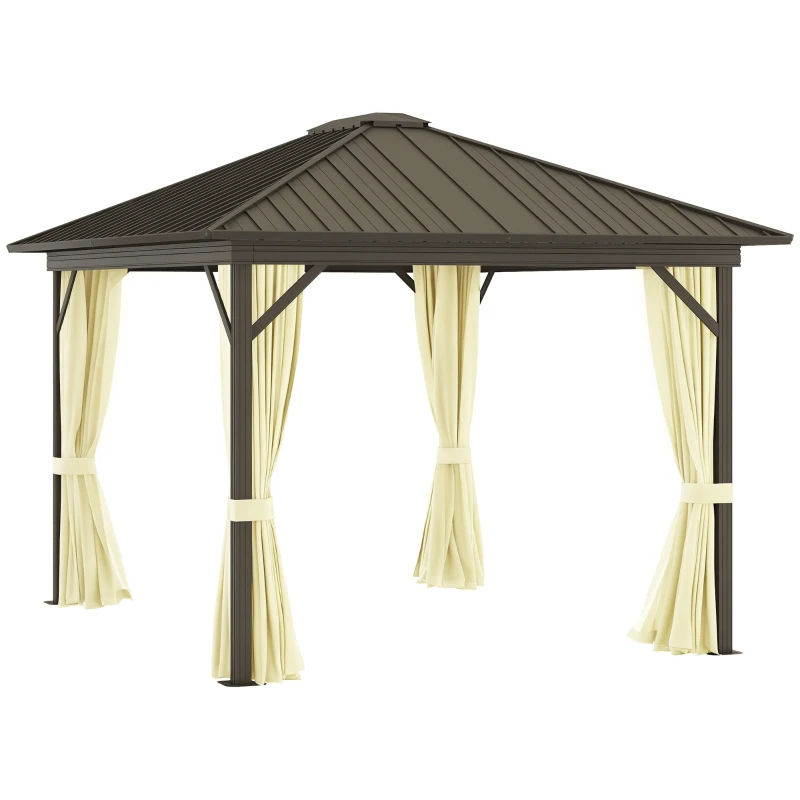 Outsunny 11.9" x 9.8" Hardtop Gazebo with Curtains Netting, Metal Roof Gazebo Canopy with Aluminum Frame and Top Hook, Cream