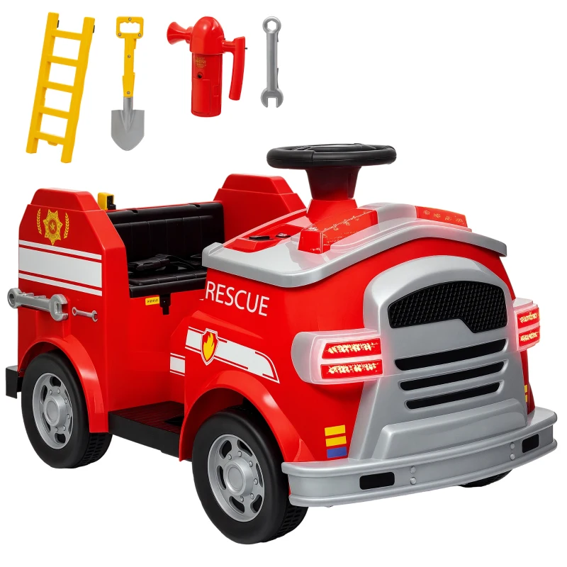 Qaba 12V Ride on Fire Truck with Siren, Flashing Lights Fire Extinguisher, Soft Start, Horn Music, Red