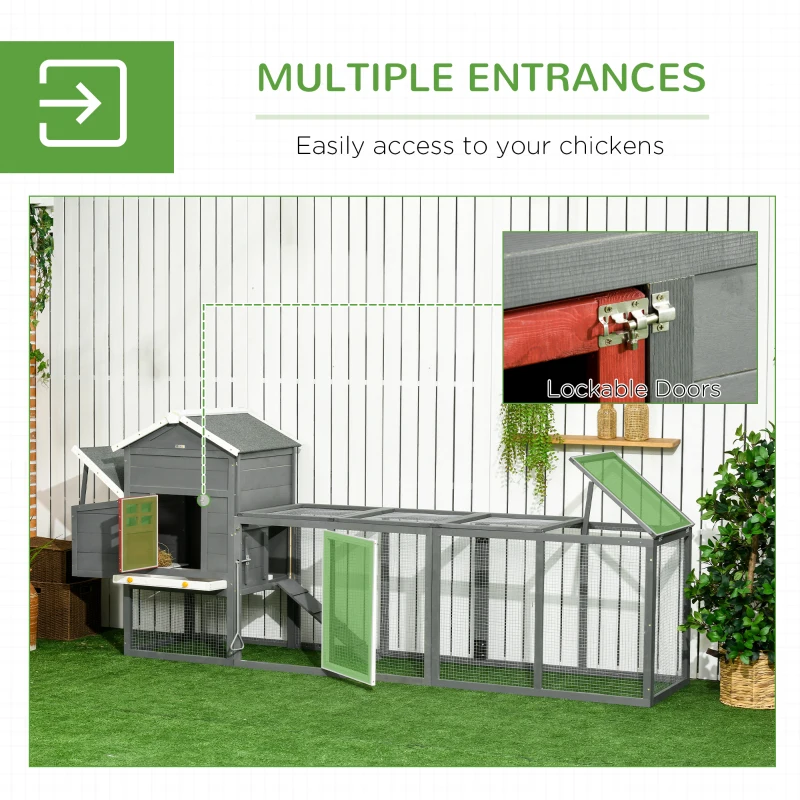 PawHut 118" Extra Large Chicken Coop with Asphalt Roof, Wooden Hen Run with Slide-Out Tray and Nesting Box, Chicken Hutch for 3-6 Chickens, Gray