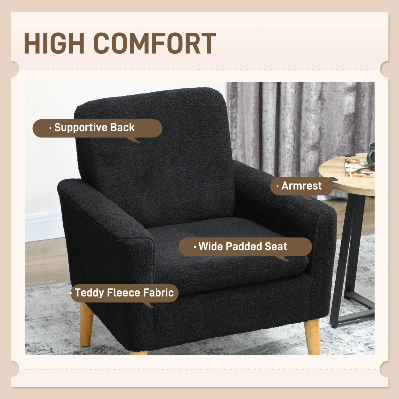 HOMCOM Fabric Accent Chair, Modern Upholstered Armchair with Wood Legs and Wide Padded Seat, Black