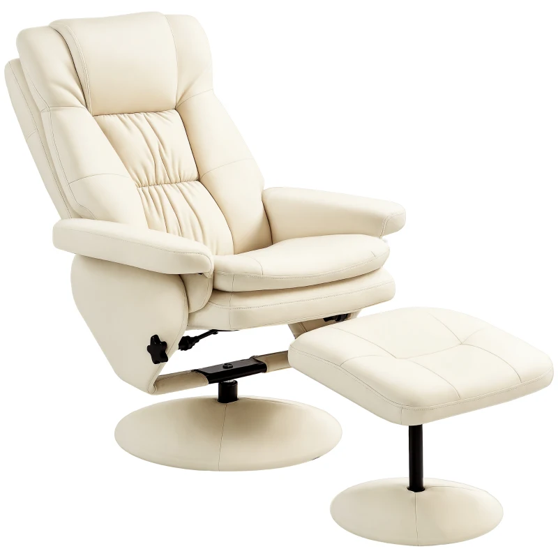 HOMCOM PU Leather Recliner Chair with Ottoman, Swivel Recliner and Ottoman with Round Wrapped Base for Living Room, Cream White