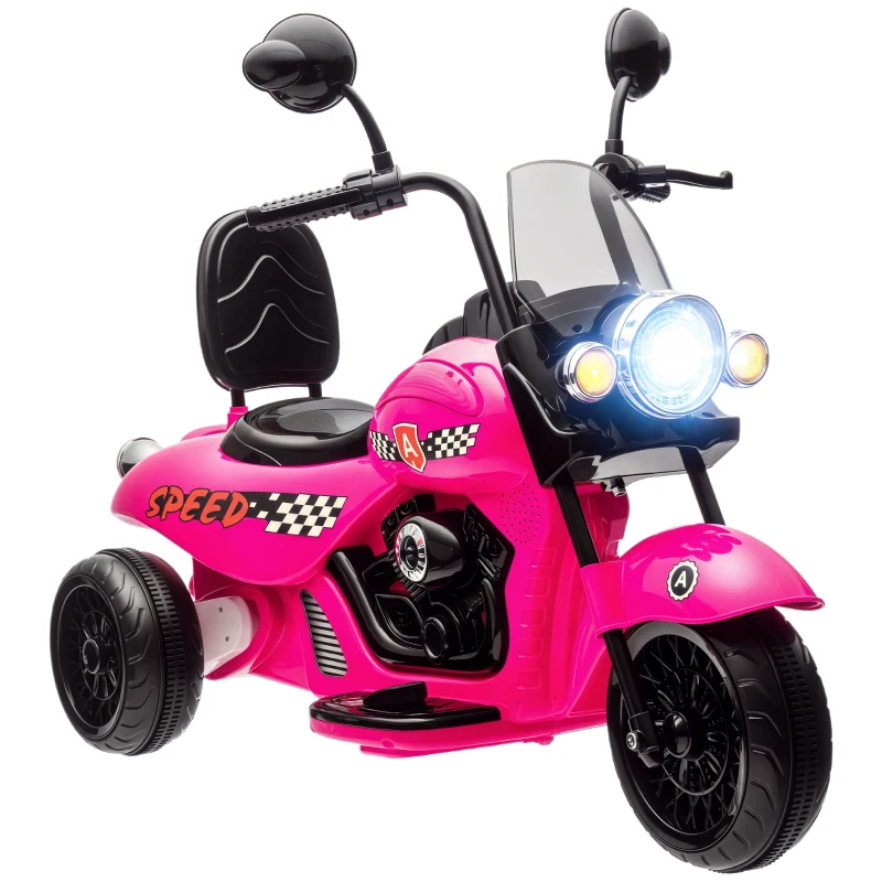 Qaba 6V 3 Wheel Electric Motorcycle for Kids, Battery Powered Motorbike w/ Headlights, Music, Forward & Reverse, Pink