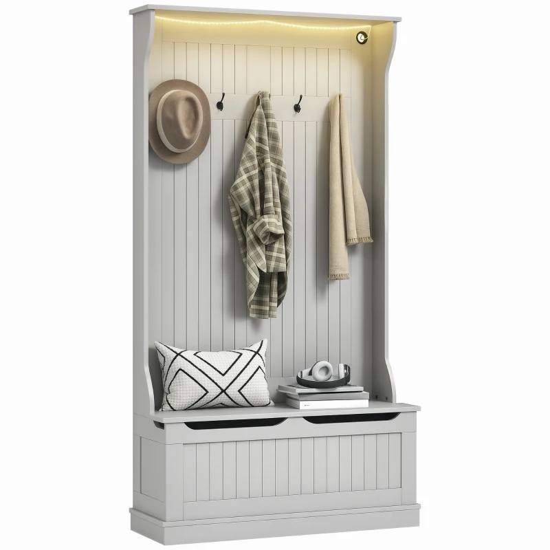 HOMCOM 3-In-1 Entryway Bench with LED Lights and Coat Rack, Hall Tree with Bench and Shoe Storage, 5 Hooks for Hallway Gray