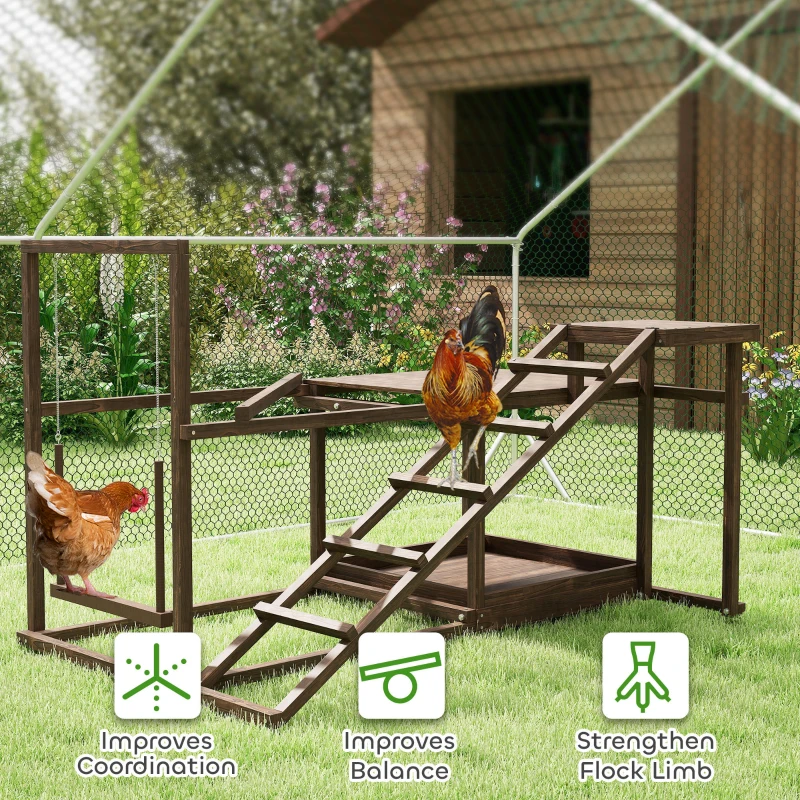 PawHut Wooden Chicken Activity Play Set with Perch, Swing, Ladder, Platforms, Feeder Storage, Coffee