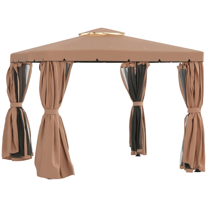 Outsunny 10' x 10' Patio Gazebo, Aluminum Frame Double Roof Outdoor Gazebo Canopy Shelter with Netting & Curtains, for Garden, Lawn, Backyard and Deck, Brown