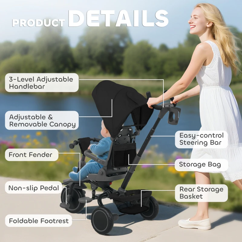 Qaba 6 in 1 Toddler Tricycle for 1-5 Years Old with Push Handle, Removable Canopy, Rotatable Seat, Black