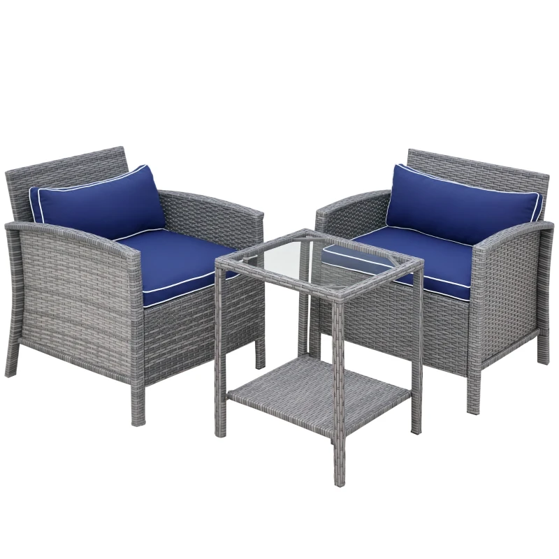 Outsunny 3 Piece Patio Furniture Set w/ Cushions, PE Rattan Outdoor Table And Chairs, 2-Tier Glass Top Coffee Table, Blue