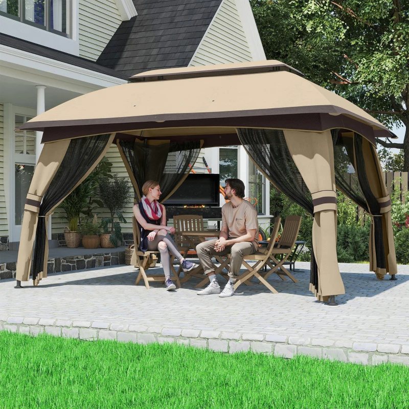 Outsunny 10' x 13' Patio Gazebo, Outdoor Gazebo Canopy Shelter with Netting, Vented Roof for Garden, Beige