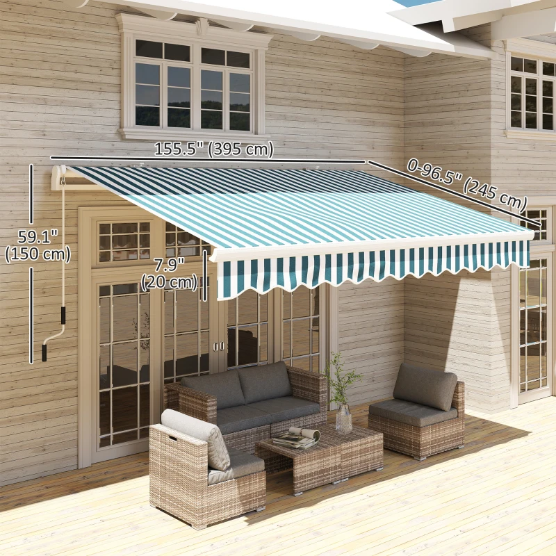 Outsunny 13' x 8' Retractable Awning Manual Patio Awning Sun Shade for Outdoor Window Door with Aluminum Frame Green and White