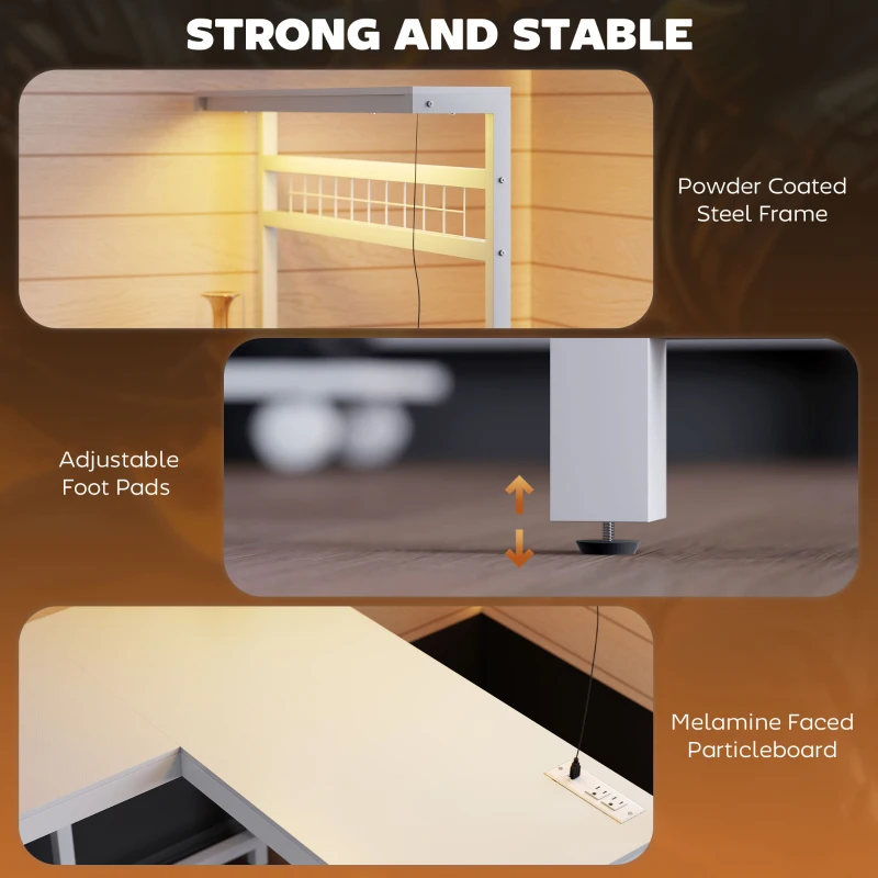 HOMCOM 61.6" L Shaped Gaming Desk with Power Outlets & LED Lights, Computer Desk with Monitor Stand and CPU Shelf, White
