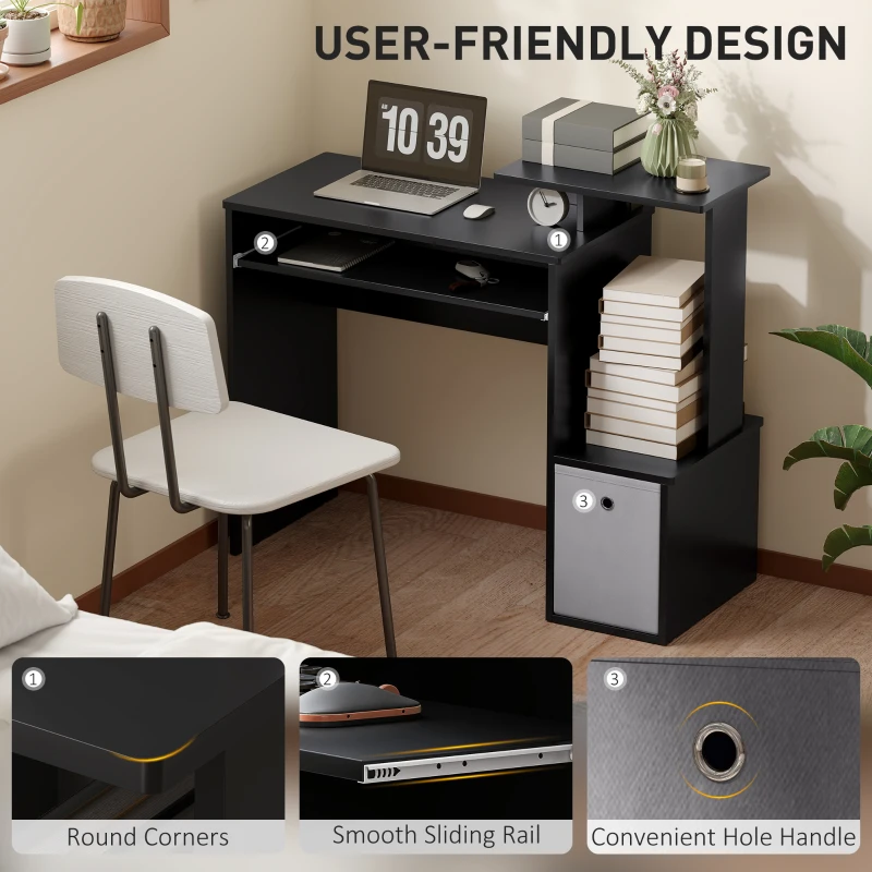 HOMCOM Computer Desk with Sliding Keyboard Tray Storage Drawer Shelf Home Office Workstation Black