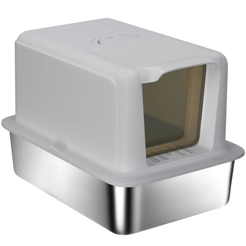 PawHut Stainless Steel Cat Litter Box w/ Removable Lid & Scoop, for Small to Large Cats, Easy to Clean, Grey