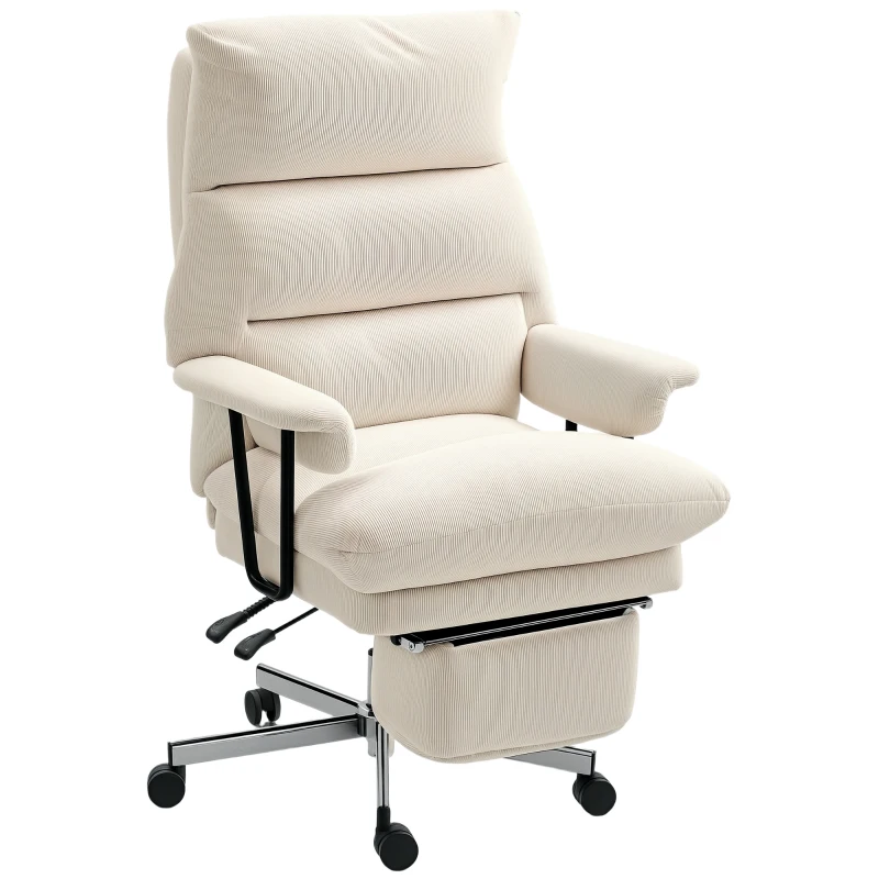 HOMCOM Executive Office Chair with Lumbar Support, Footrest, High Back Reclining Overstuffed Desk Chair with, Cream White